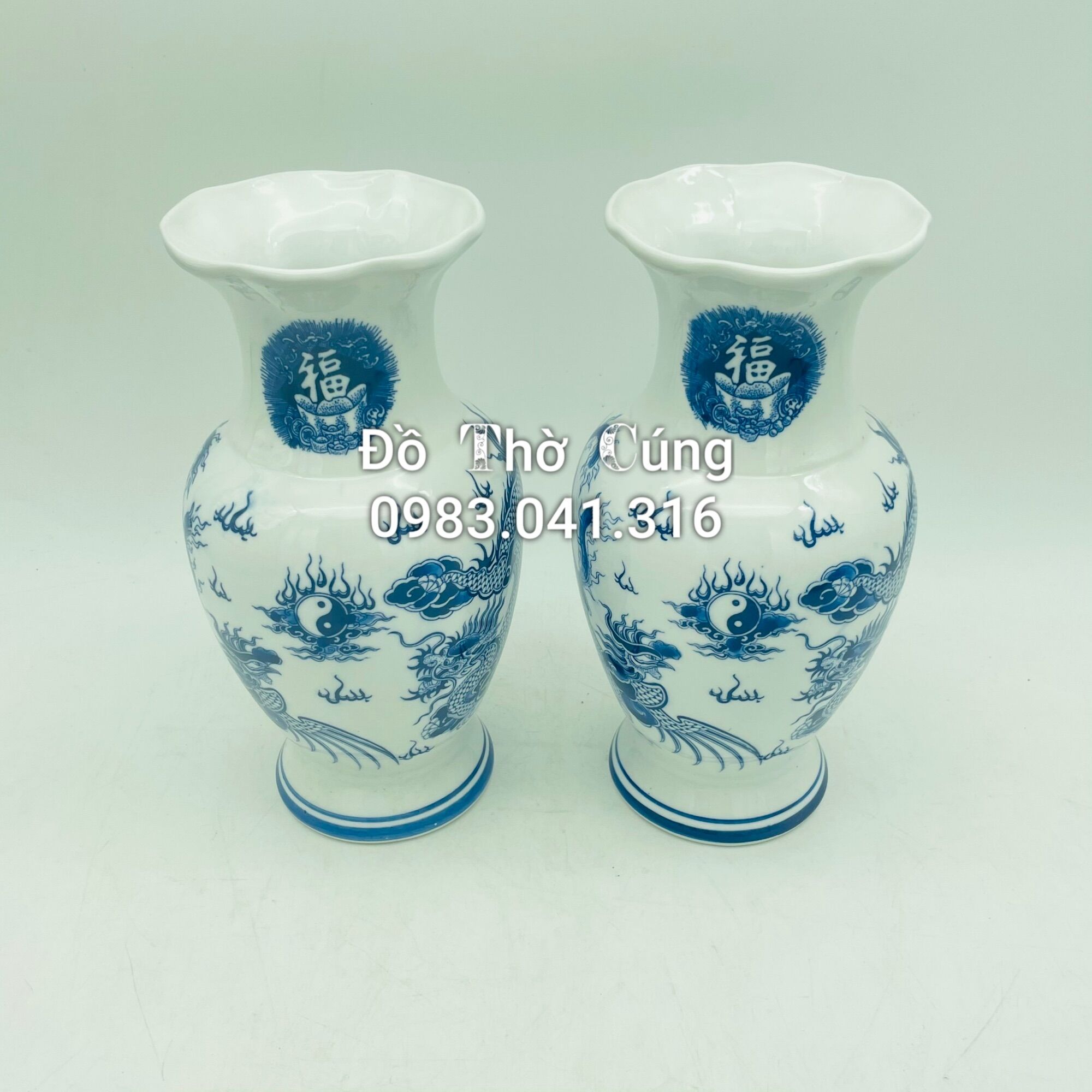 Lọ cắm hoa thờ miệng lượn men lam