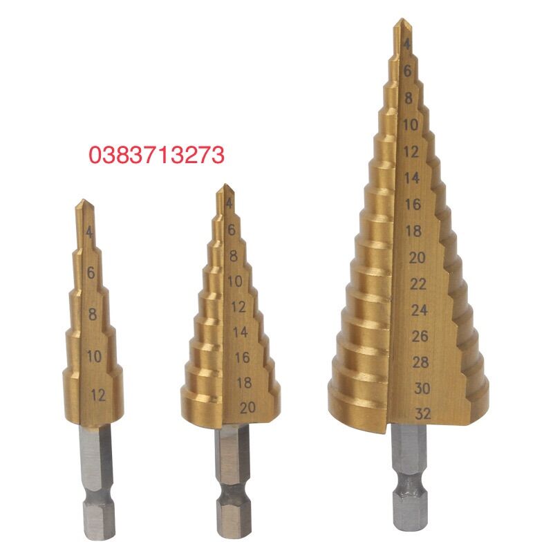 Bộ 3 mũi khoan tháp thẳng thép gió hss mạ titan 4-32mm khoan nhôm, nhựa, gỗ, bộ 3 mũi khoan hình nón, mũi khoan đa tầng