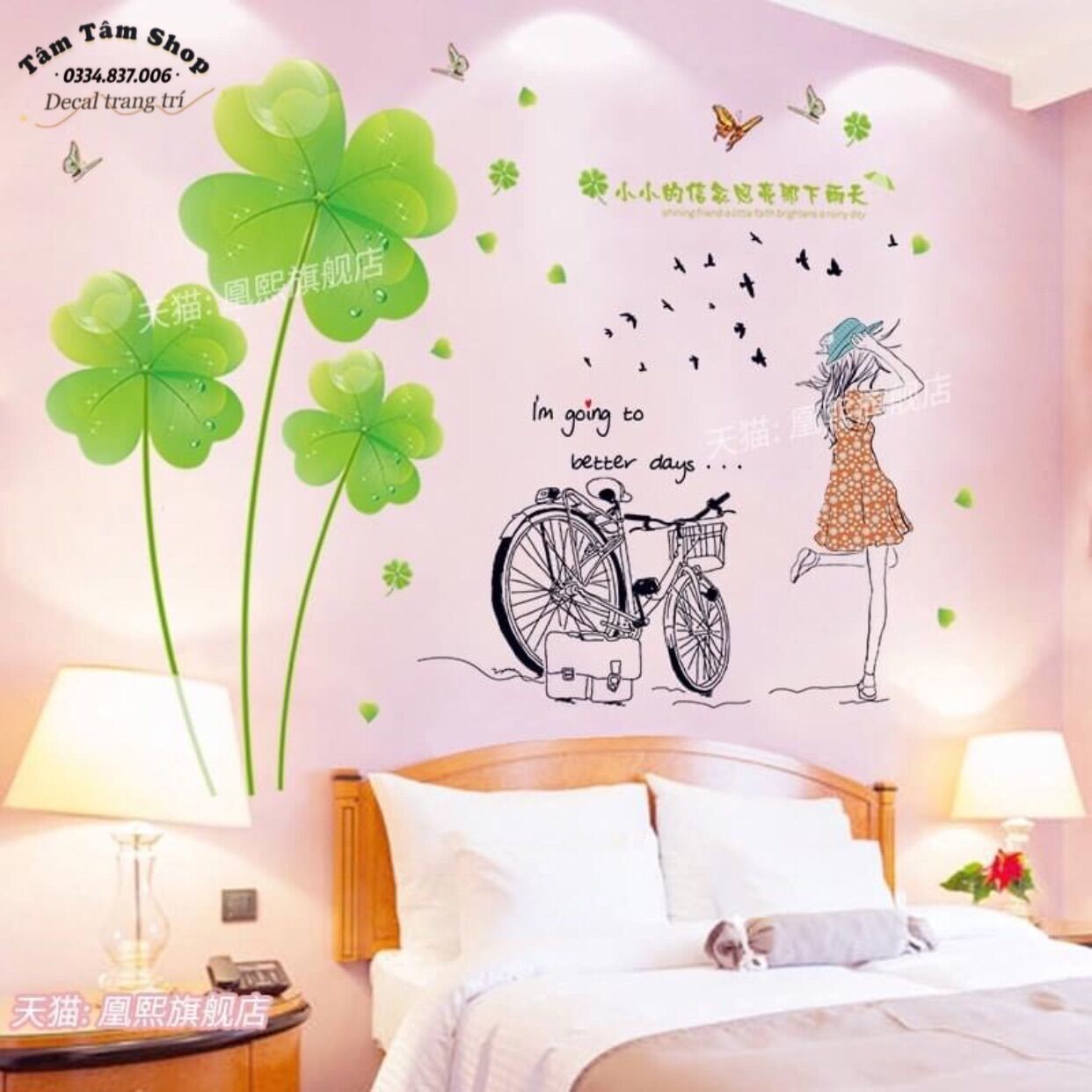 Tranh dán tường, Decal dán tường cây xanh may mắn và cô gái
