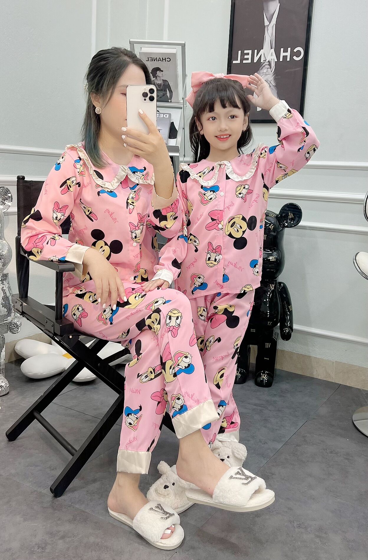 Bộ ngủ Pijama cho mẹ và bé gái chất lụa mango Size từ 17-60kg