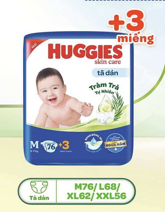 Tã dán huggies m76+6/l68+6/xl62/xxl56 mẫu tràm trà
