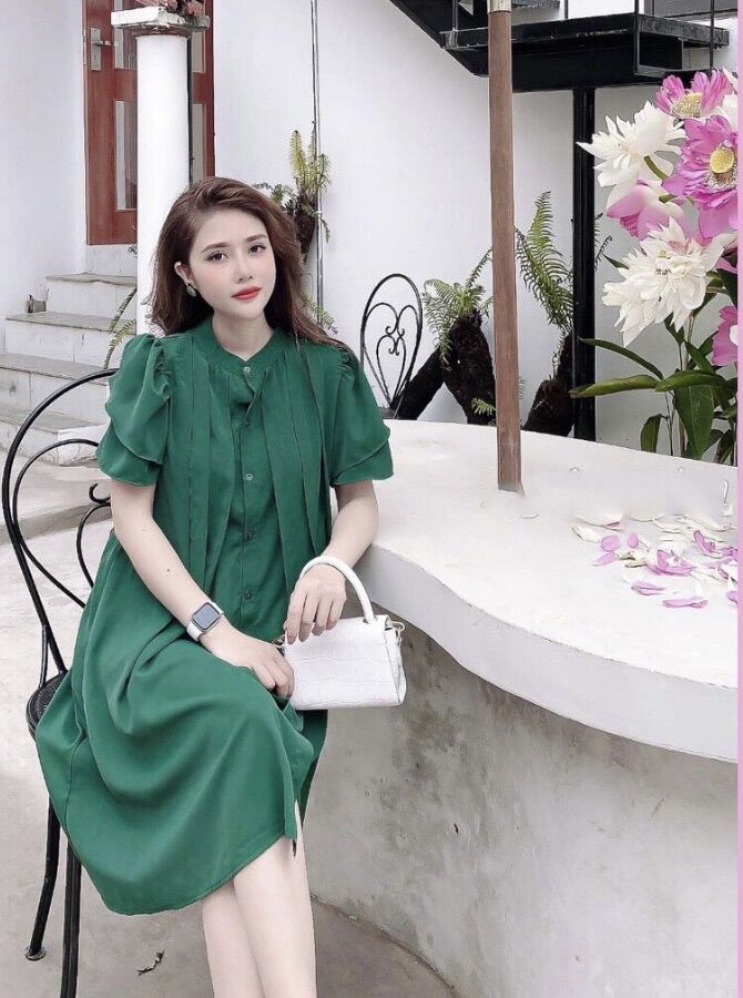 Đầm bầu sơ mi cổ tàu công sở thời trang