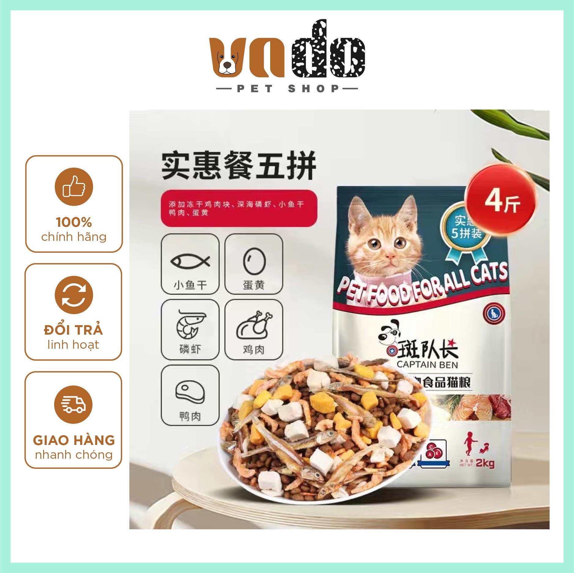 [1Kg] Hạt Captain cho mèo - Thức ăn Captain Ben cho mèo với 5 loại topping sấy khô thuỷ phân, thơm ngon, bổ dưỡng