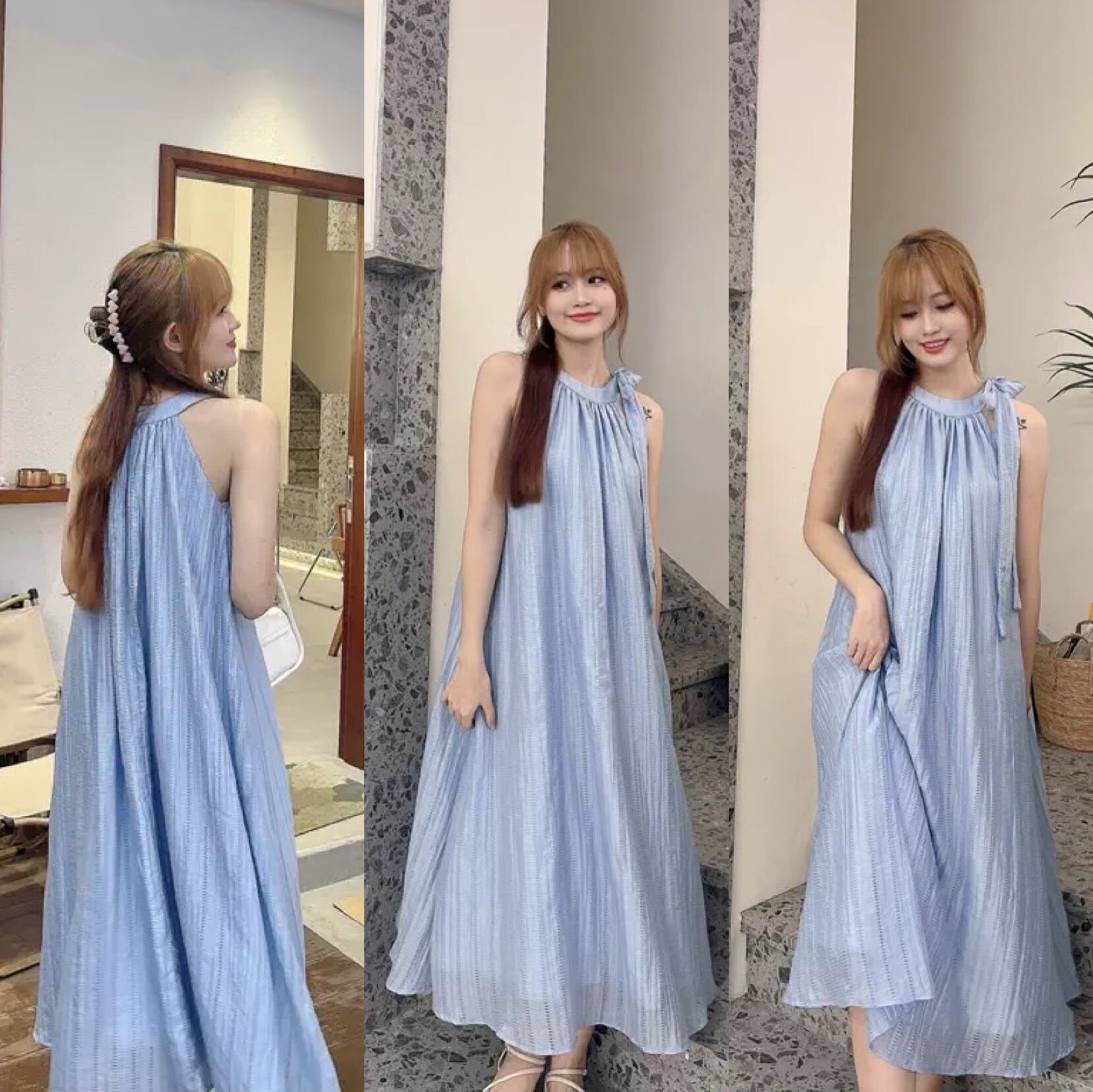 Đầm maxi cổ yếm cột nơ Ulzzang đầm tiểu thư nữ tính siêu dễ thương hình thật video