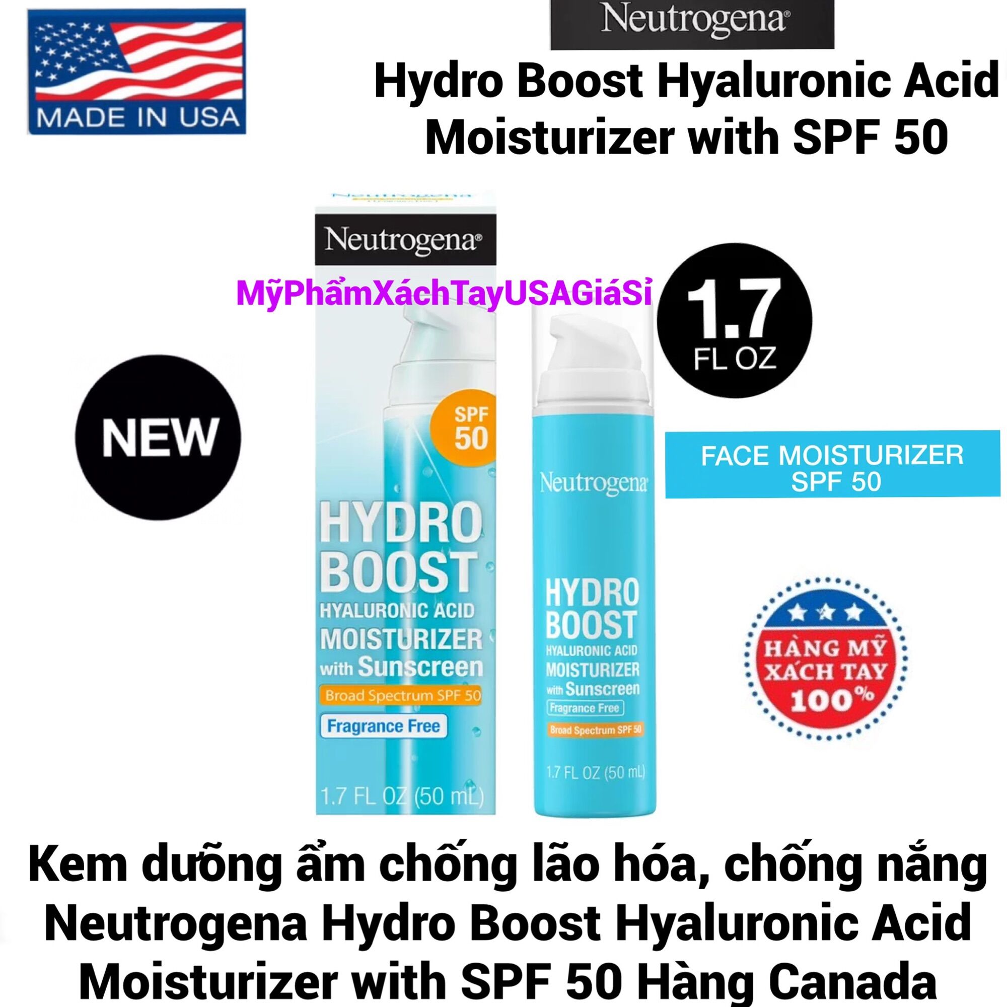 Kem dưỡng ẩm chống nắng Neutrogena Hydro Boost Hyaluronic Acid Moisturizer SPF 50 Hàng Canada