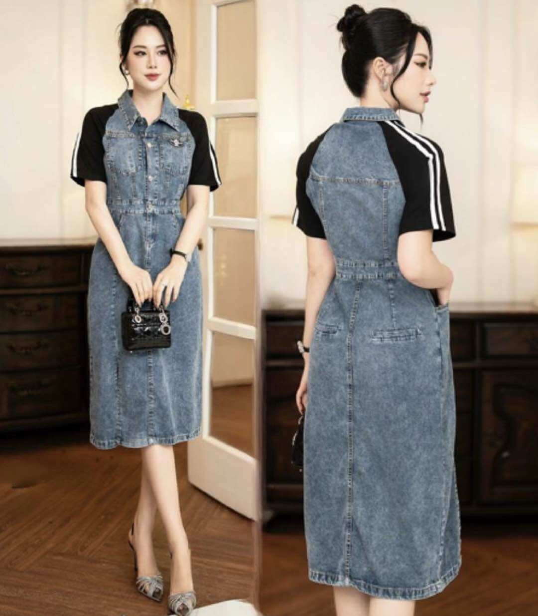Váy đầm sơ mi jean - phối thun cách điệu