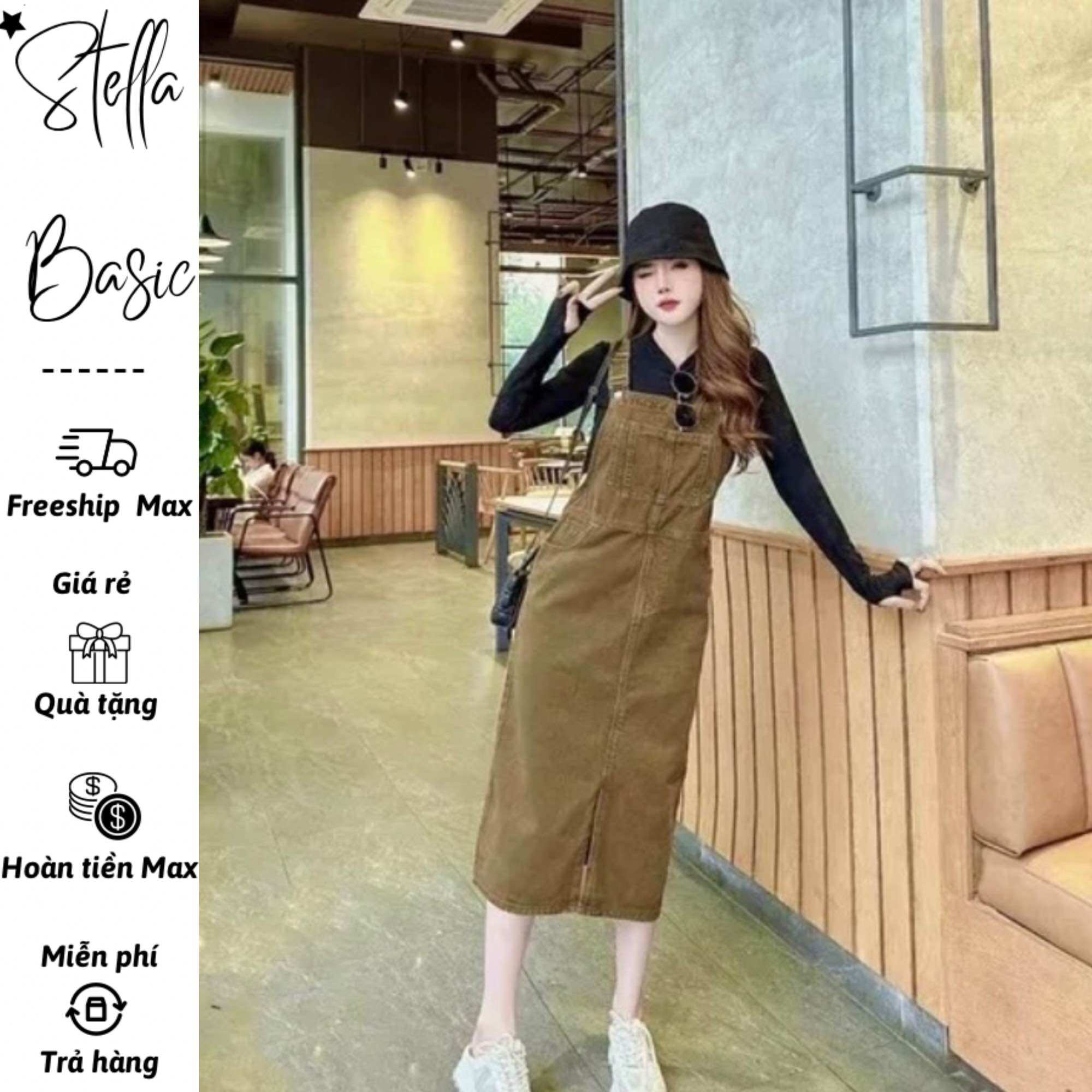 Yếm jean nữ dáng dàu màu vàng bò sang chảnh, chân váy yếm bò dày dặn phối khuy kim loại