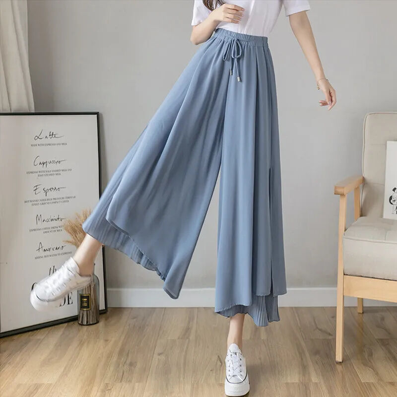 Quần Ống Rộng Lụa Lạnh Chiffon Chiffon 9 Tấc, Quần Váy Kiểu Mỏng 2022 Mùa Hè Cho Nữ, Quần Mặc Thường Ngày Bay Bổng Xếp Ly Cạp Cao Cảm Giác Rủ Xuống