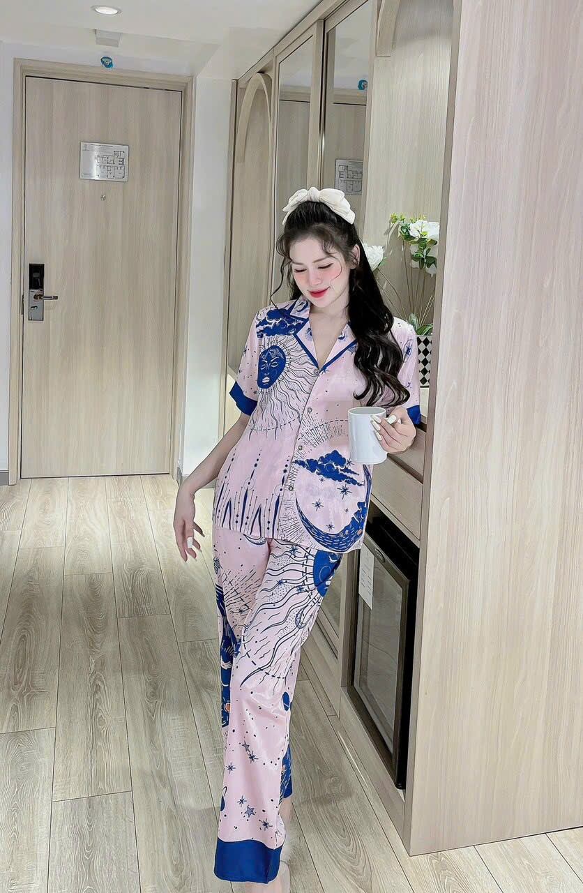 Bộ Pijama tay ngắn quần dài lụa sướt ánh kim