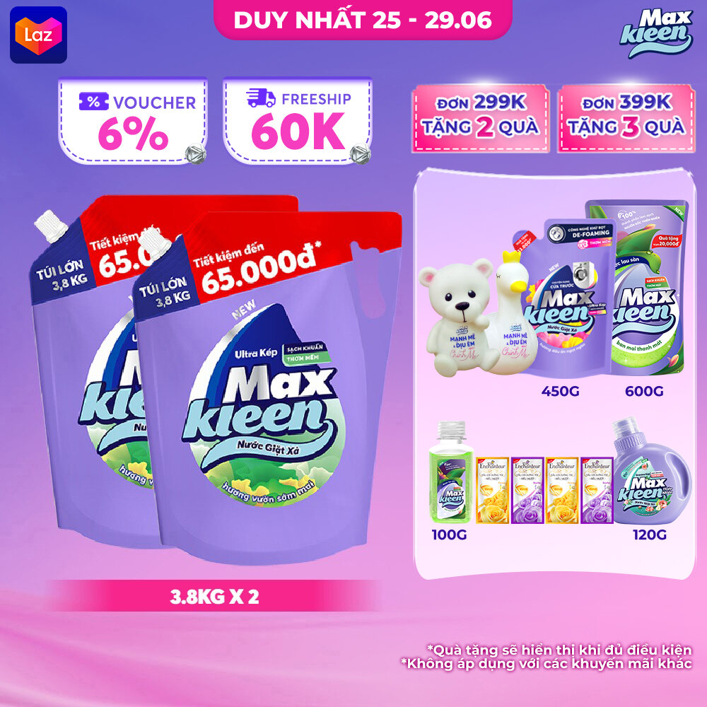 Combo 2 Túi Nước Giặt Xả MaxKleen Hương Vườn Sớm Mai (3.8kg/túi)