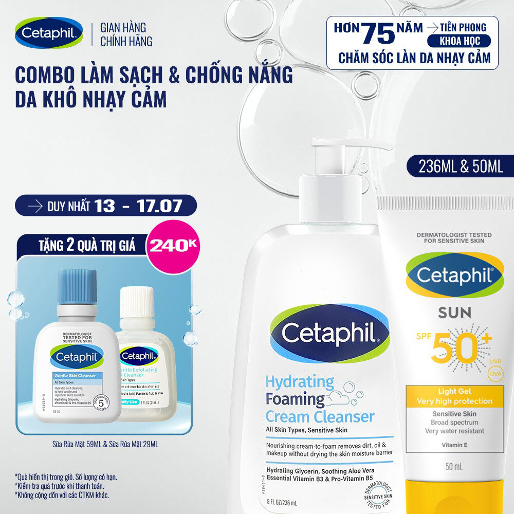 Combo Làm sạch  Chống nắng cho da khô - Sữa Rửa Mặt Tạo Bọt Cetaphil Hydrating Foaming 236ml + Gel chống nắng SPF 50+ 50ML