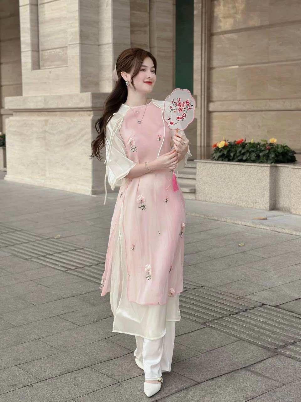 (SHOP BIGSIZE NỮ 50KG ĐẾN 90KG) set áo dài cách tân bồ công anh trắng