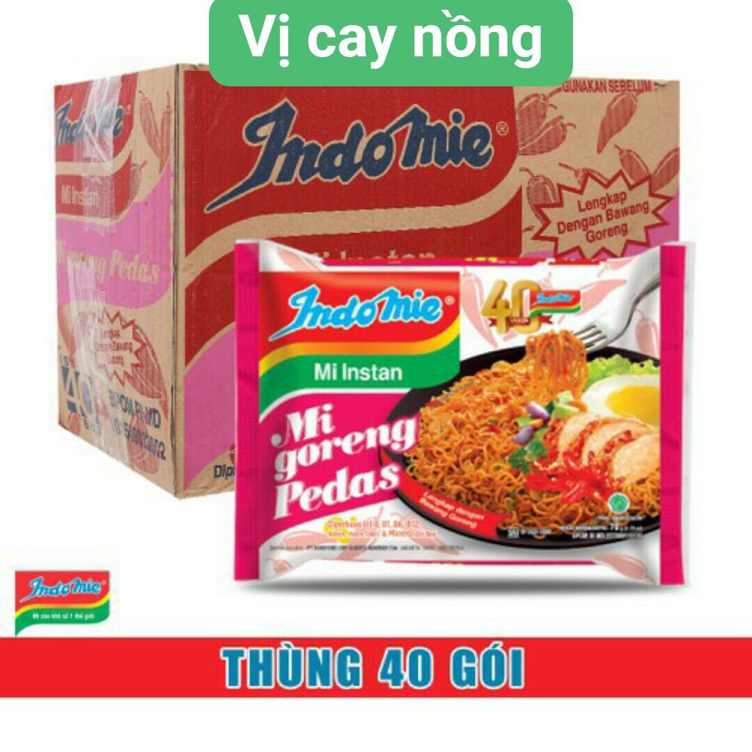 1 thùng mì trộn indo . thùng 40 gói, gói 75 gr. gồm 5 vị: vị sườn cay, vị gà cay, vị bò cay, vị đặt biệt, vị cay nồng