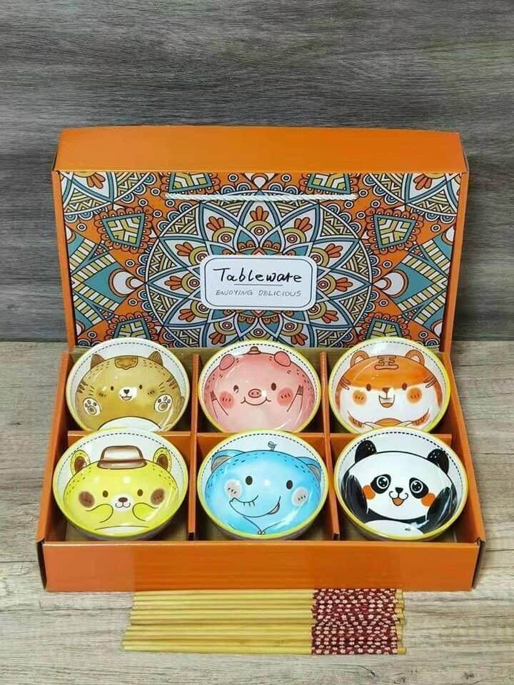 Bộ 6 chén 6 đũa hình thú / thổ cẩm dễ thương/dâu tây