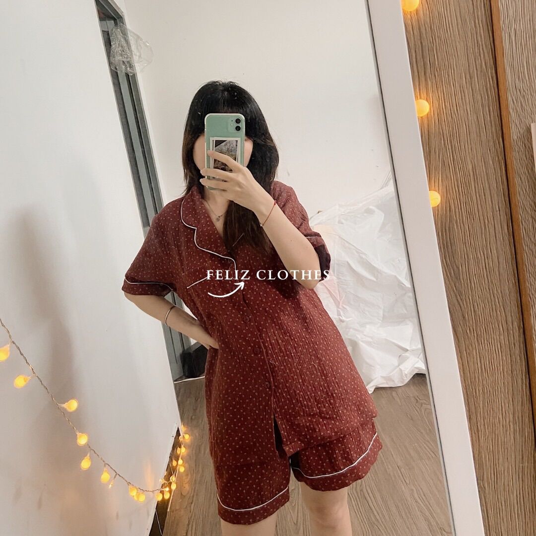 [HÌNH THẬT] Set pyjama đỏ mận xô muslin cao cấp siêu trắng da