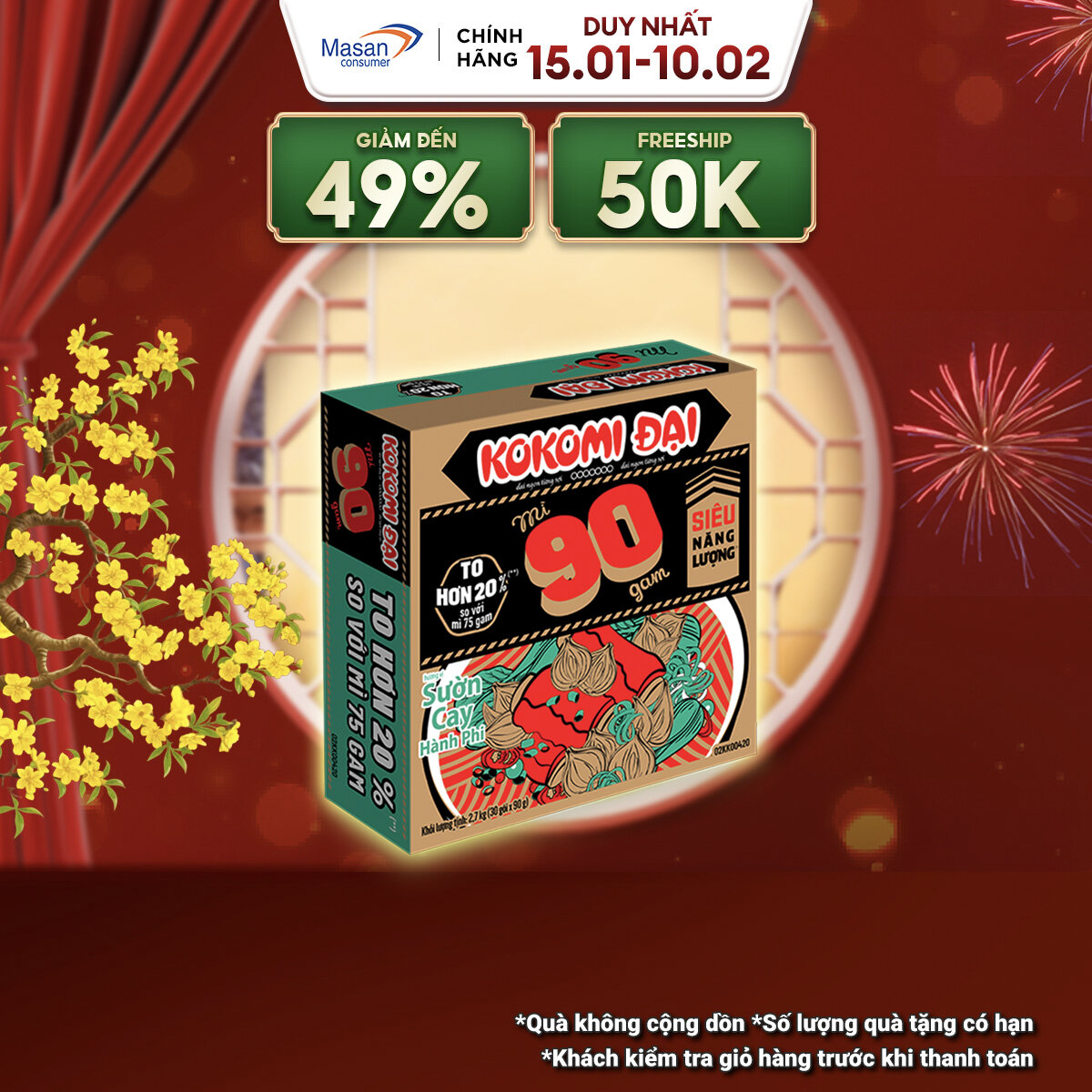 Mì Kokomi Đại 90 Sườn Cay Hành Phi - Thùng 30 Gói x 90G