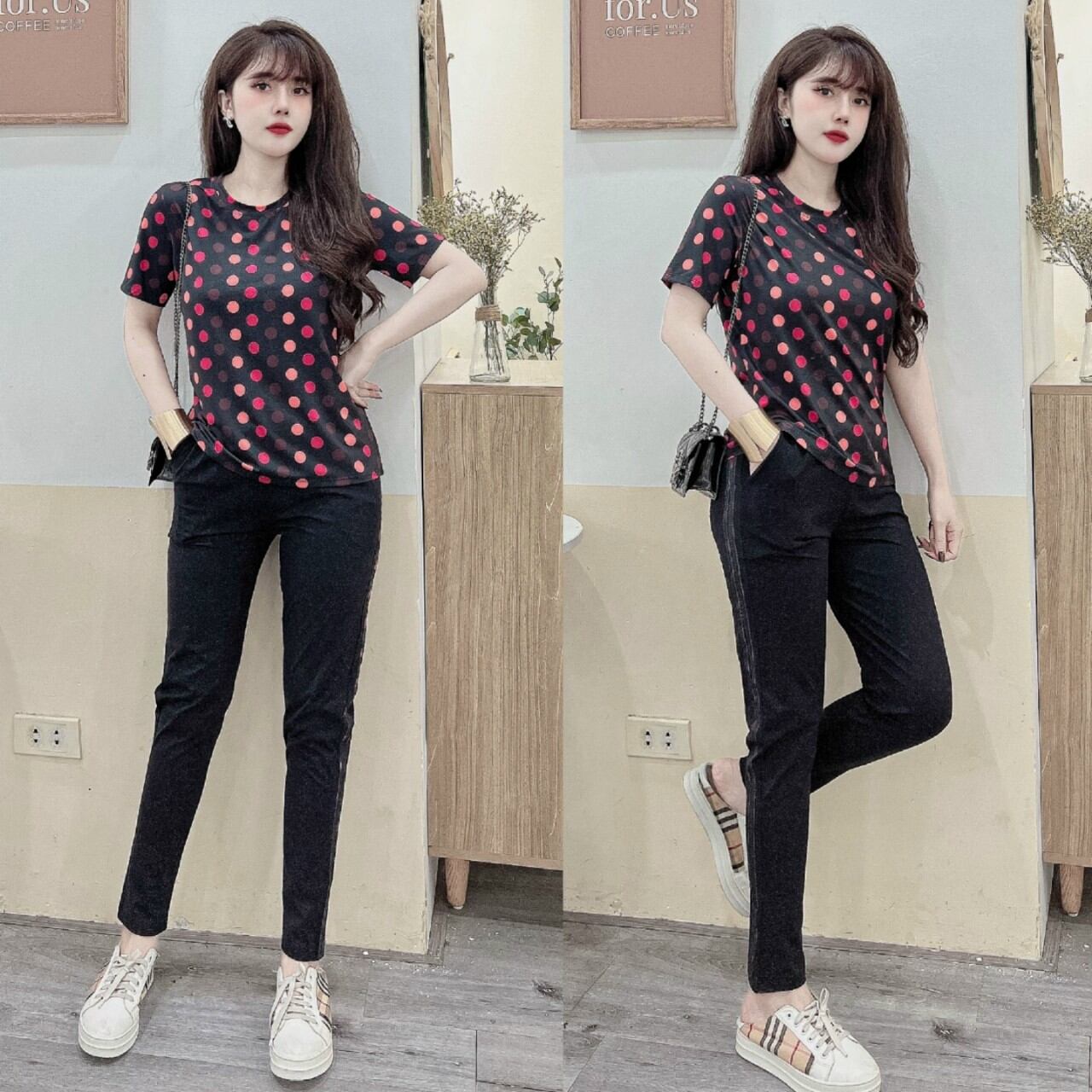 Sét đồ bộ nữ họa tiết chấm bi màu thời trang cao cấp