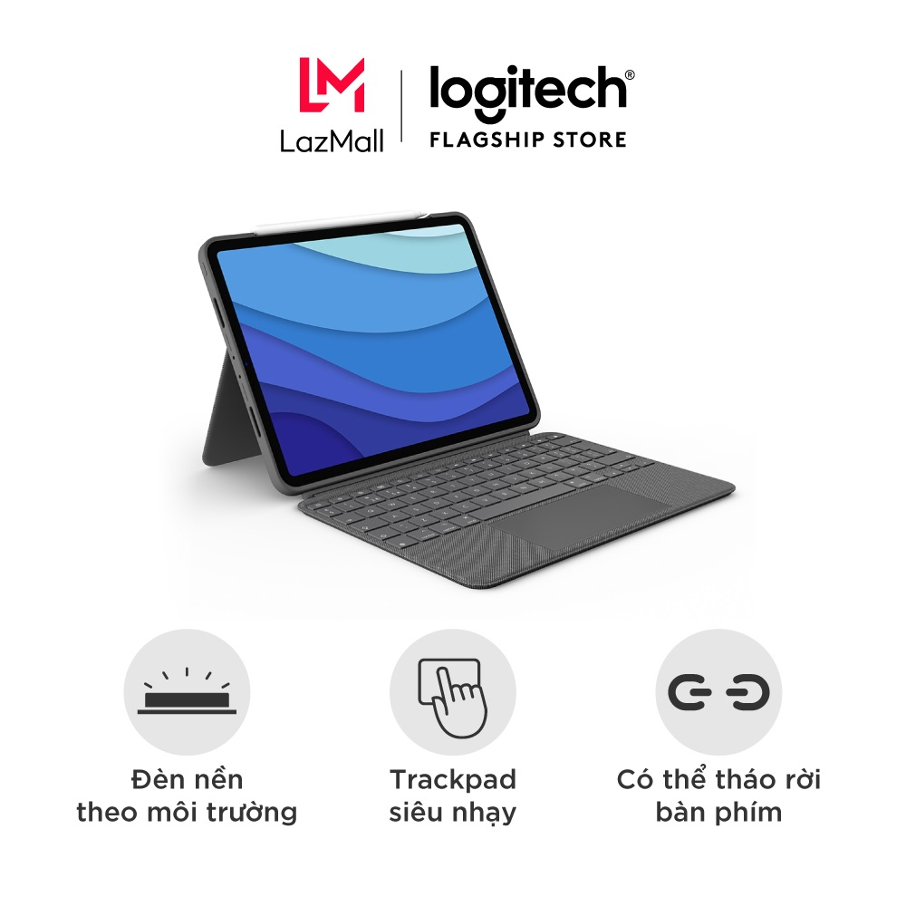 Bao da kèm bàn phím Logitech Combo Touch dành cho iPad Pro 11 inch (gen 1, 2,3,4) & 12.9 inch (Gen 5,6) - Bàn phím Backlit có thể tháo rời, Trackpad siêu nhạy