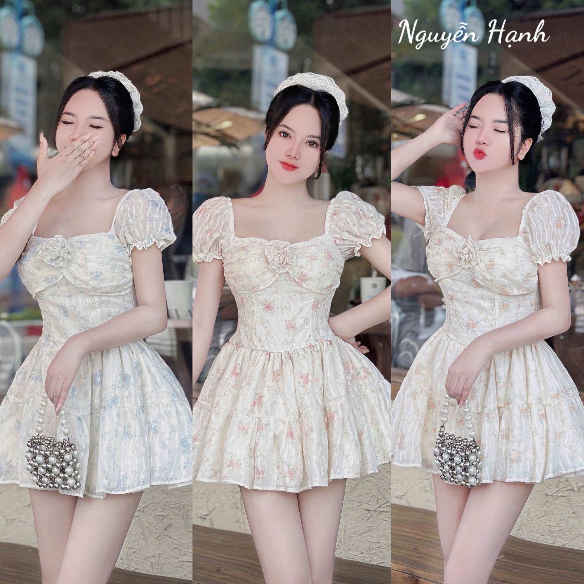 Váy ren hoa tay bồng thêu sang chảnh Váy thiết kế đi chơi (Ảnh thật)