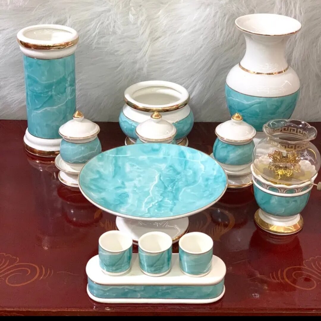 Bộ thờ cúng lư hương bát nhang bình hoa đựng nhang đĩa áng chung ly hũ gạo trà đèn dầu