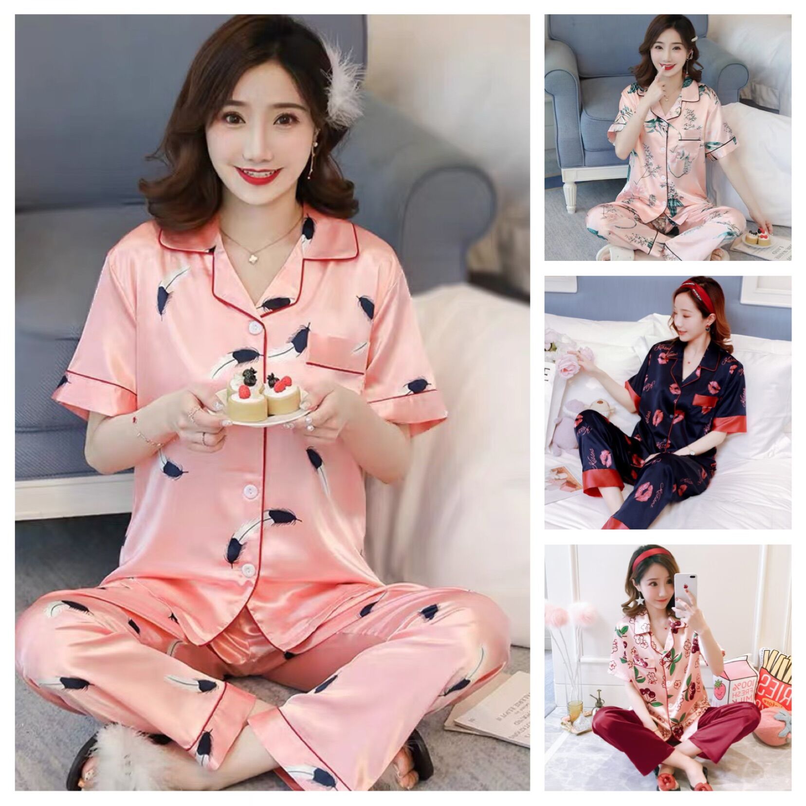 Pizama phi lụa họa tiết lá Tay Ngắn dễ thương - Y22 (Kèm ảnh+ video thật)