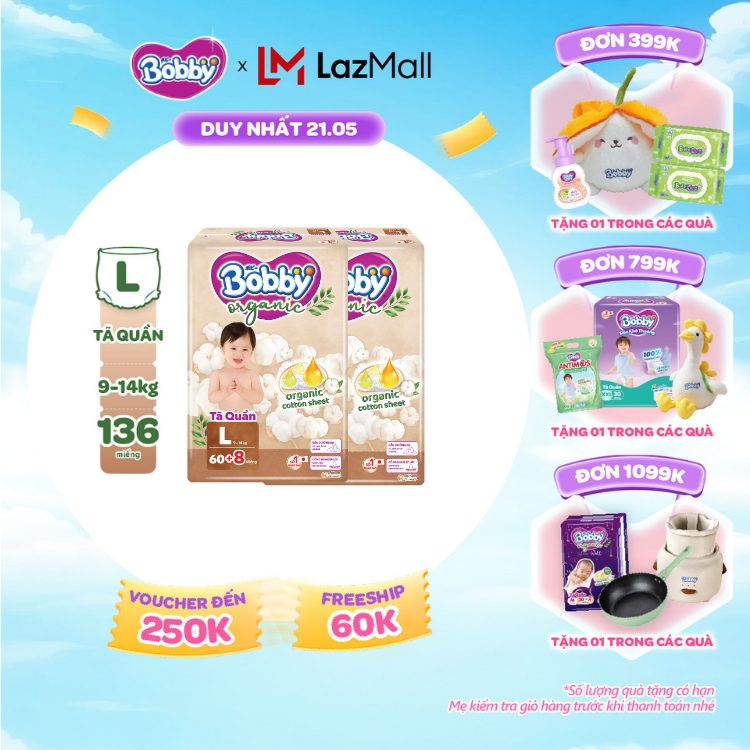 [SALE CUỐI THÁNG tặng QUÀ TO-SLCH][COMBO 2] [TẶNG KÈM 16 MIẾNG] Tã quần cao cấp Bobby Organic chăm sóc dịu nhẹ từ thiên nhiên L60