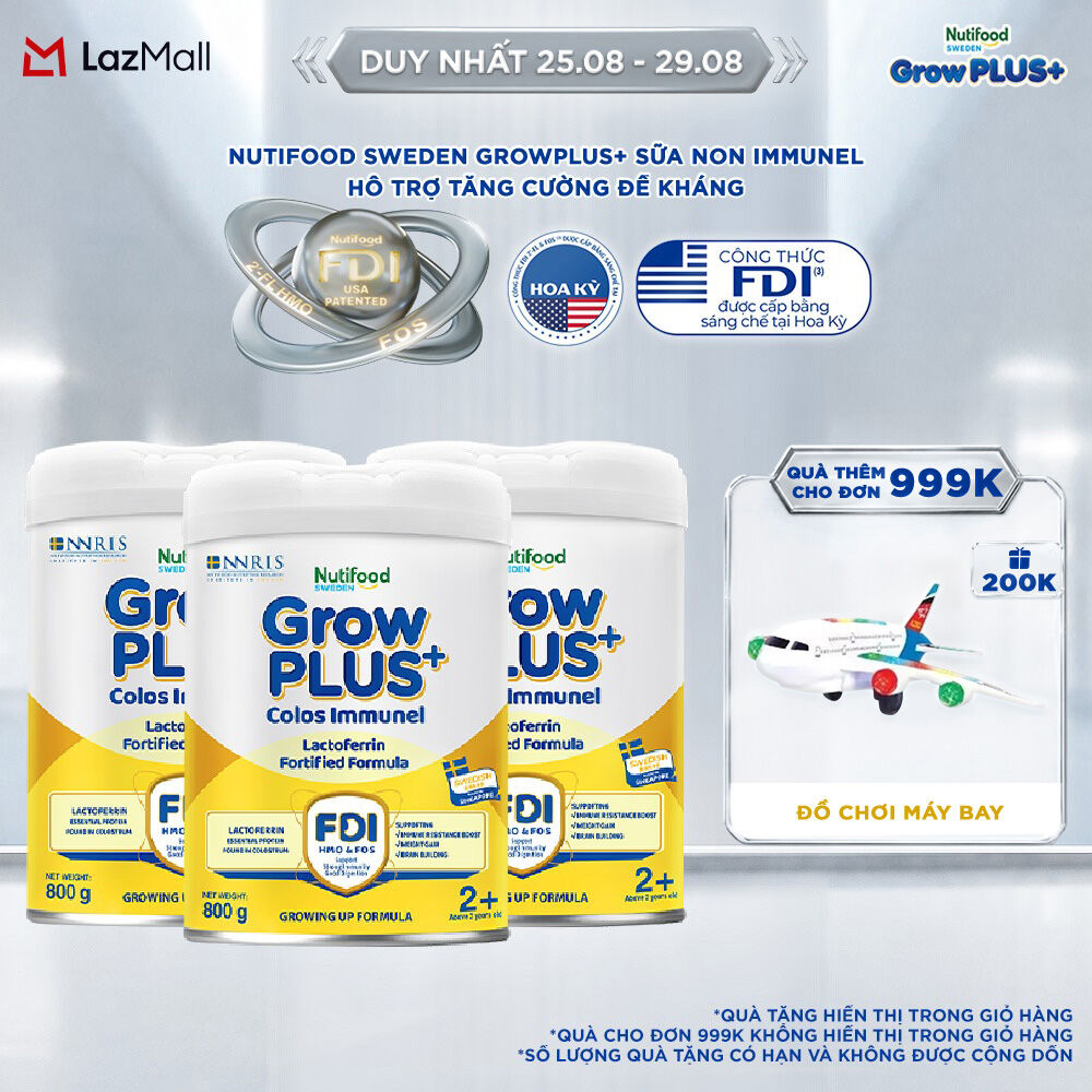 Combo 3 Sữa Bột Nutifood Sweden GrowPLUS+ Sữa Non Immunel trên 2 tuổi lon 800 g (Bao bì tuỳ lô hàng)