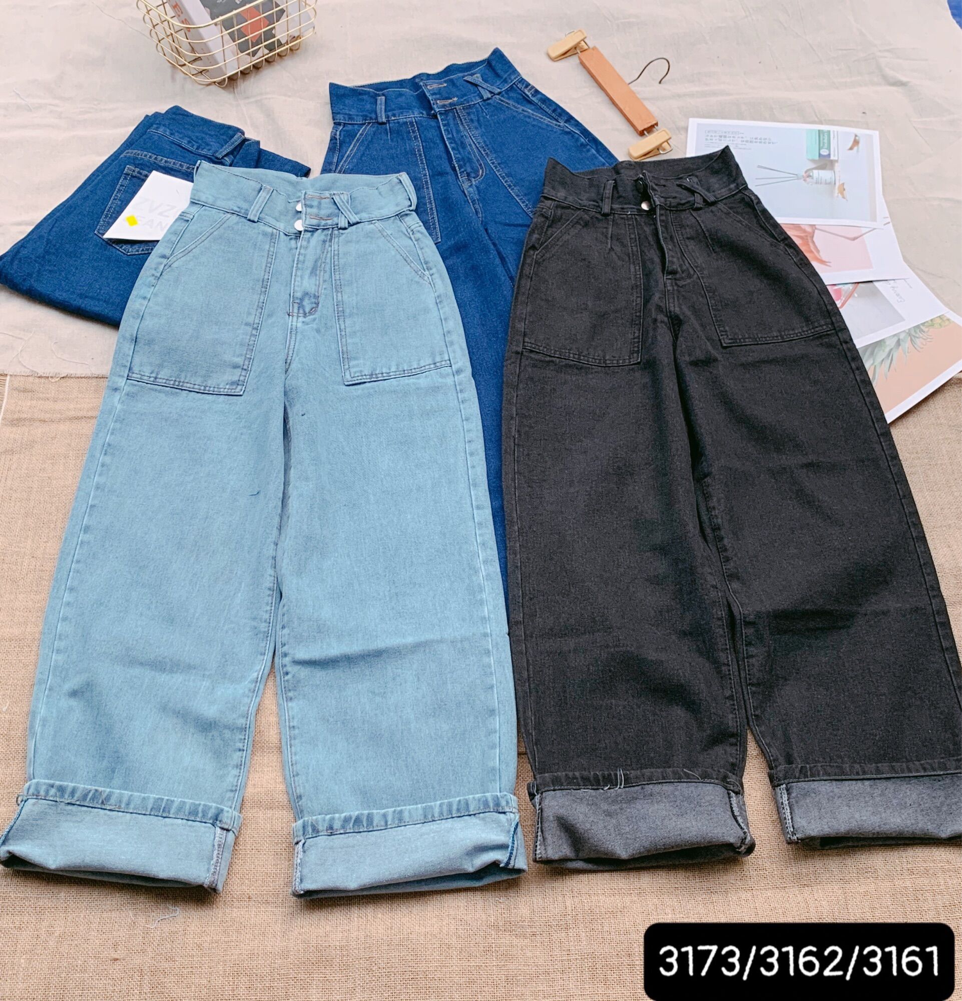 Baggy Jeans 2 Nút Túi Đắp Trước Dài 100cm