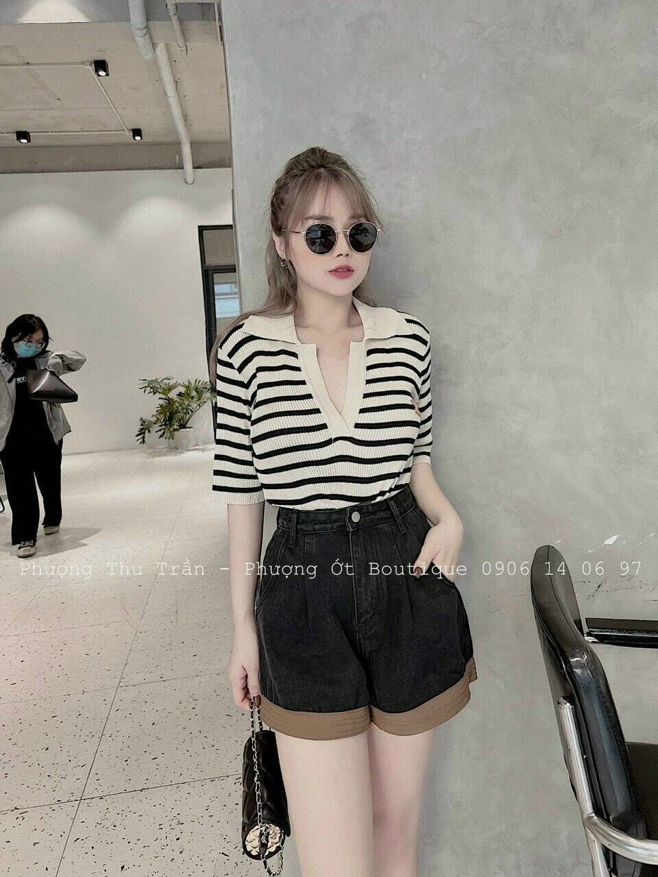 Áo kiểu cổ trụ bẻ sọc xinh đẹp TS