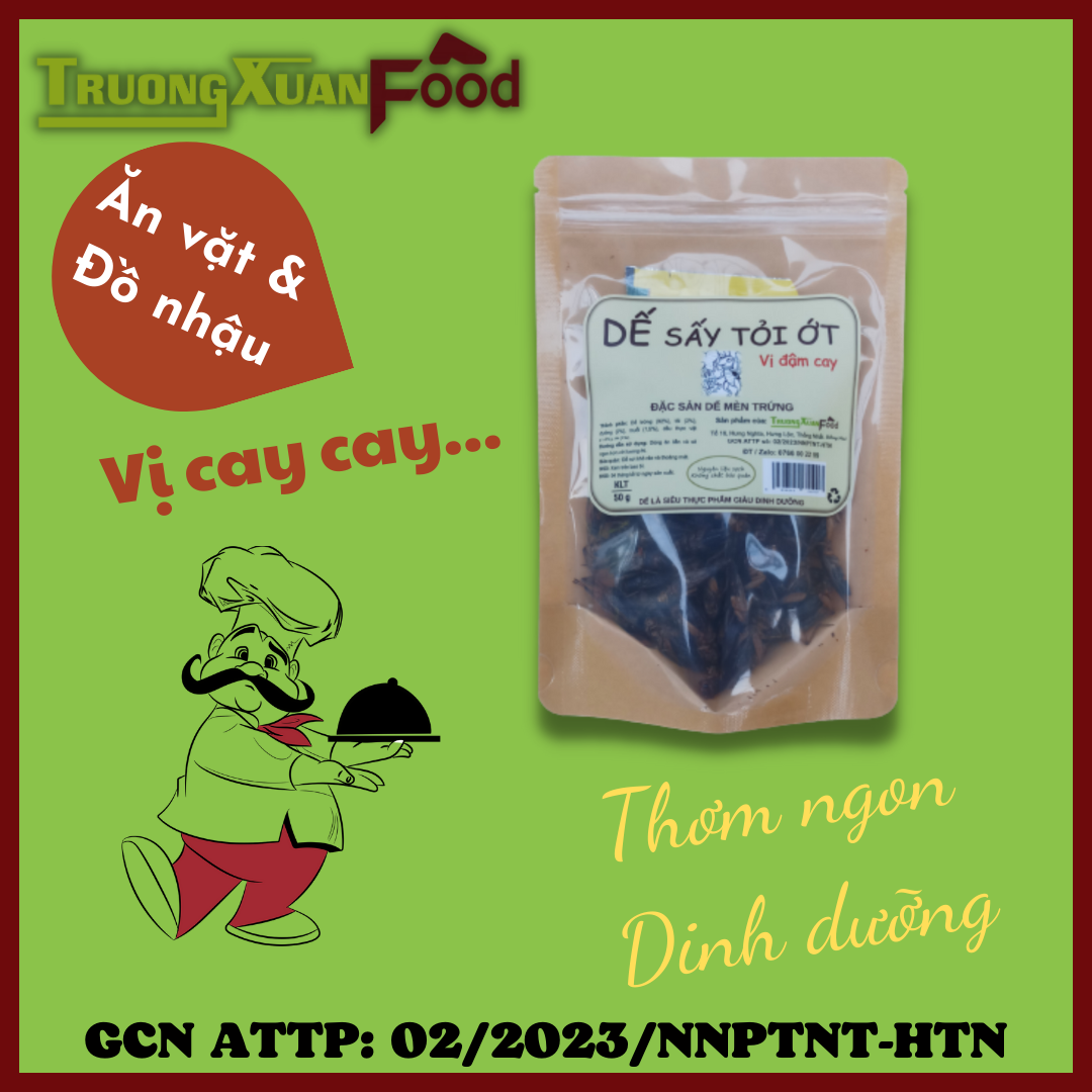 Dế sấy, dế sấy tỏi ớt, dế sấy cay giòn, thực phẩm sấy khô, thực phẩm khô ăn liền, ăn vặt, đồ nhậu - truong xuan food