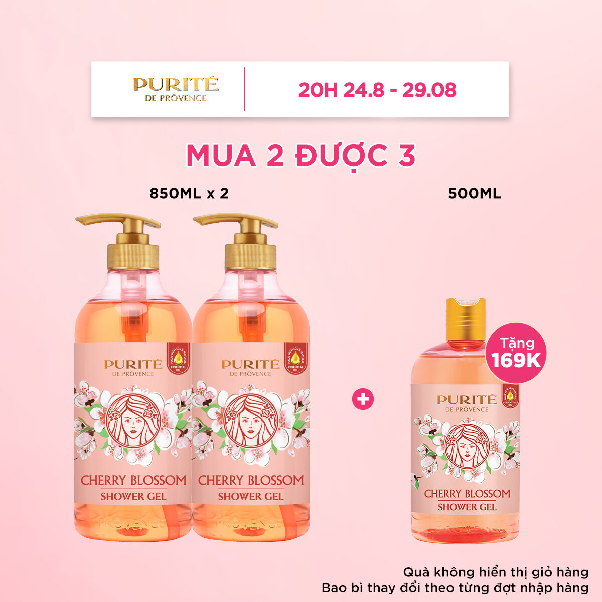 Combo sữa tắm purite anh đào 850mlx2 + tặng sữa tắm purite anh đào 500ml