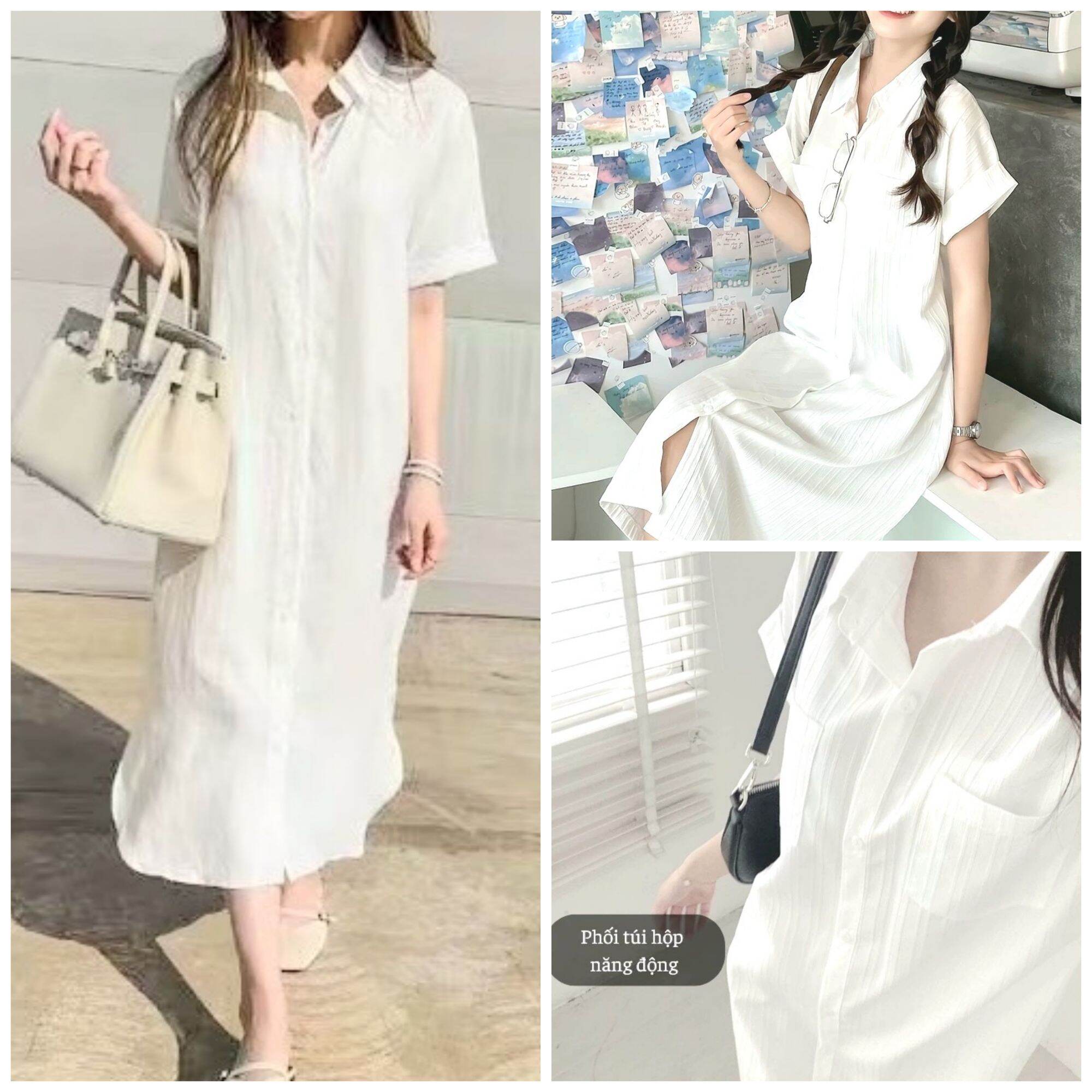 [HÀNG MỸ] Đầm maxi sơ mi FOREVER 21 đũi nhăn cotton tay ngắn trắng kem kèm dây thắt eo nút giữa