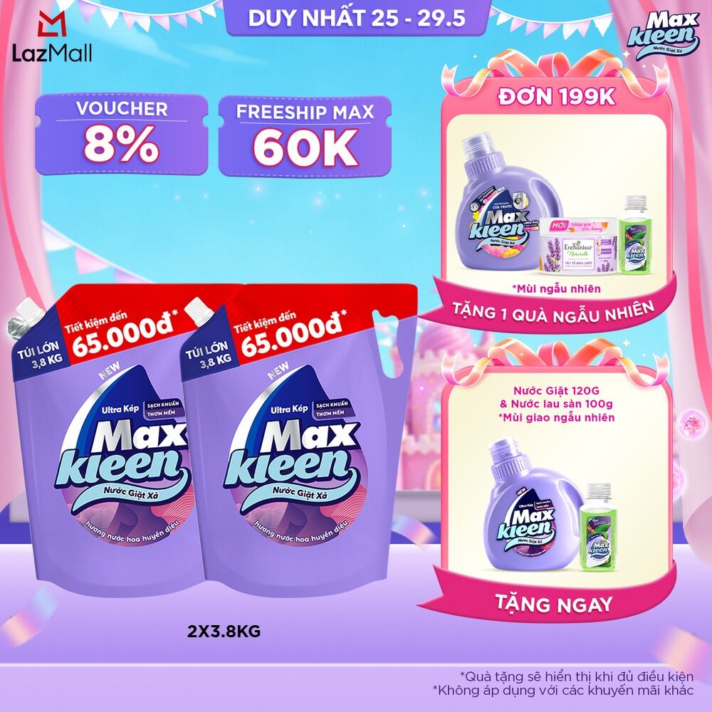 Combo 2 túi nước giặt xả cho máy giặt MaxKleen hương Hoa nắng/ Huyền diệu/ Vườn sớm mai 3.8kg