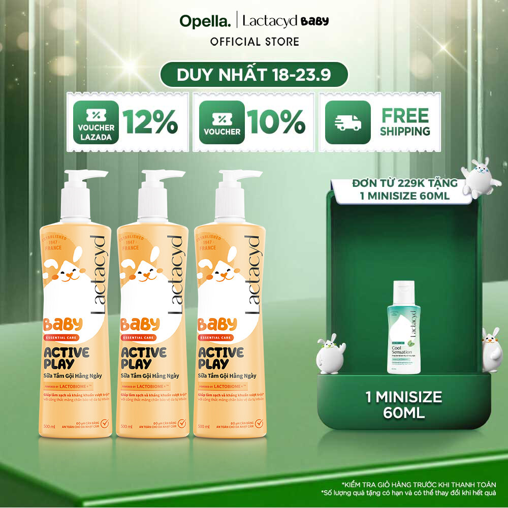 Bộ 3 chai Sữa Tắm Gội Trẻ Em Lactacyd Baby Active Play,Giúp Đề Kháng Da Và Bảo Vệ Bé Khỏi Vi Khuẩn 500ml/chai