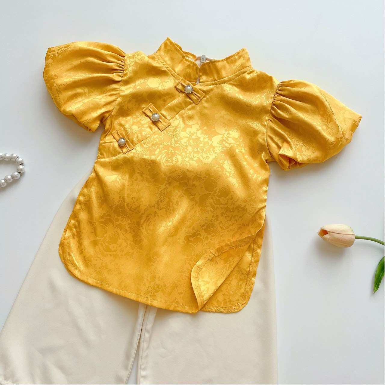 (4-28kg) Bộ Bà Ba Cổ Tàu NHÍM XÙ KIDS Cho Bé Gái Chất Gấm Lụa S032