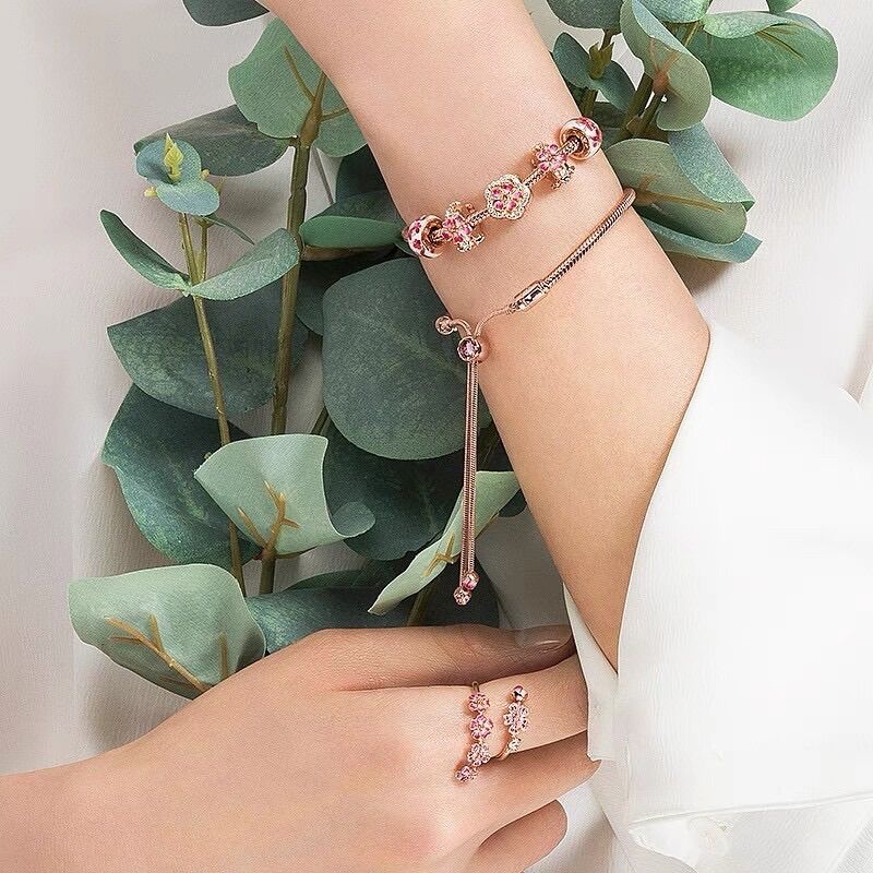 HẠT CHARM PAN ALE HOA ĐÀO VÀNG HỒNG S925