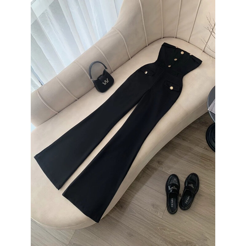 [HÀNG ĐẸP] Jumpsuit Đen Ống Loe Đính Nút Có Túi