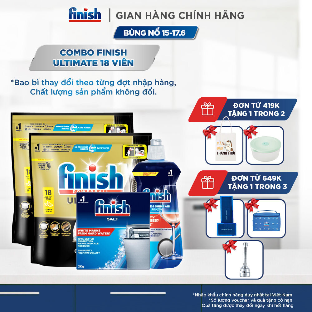 Combo 2 Túi rửa chén Finish Ultimate 18 viên + Nước làm bóng Finish 500ml + Muối rửa chén Finish 2kg