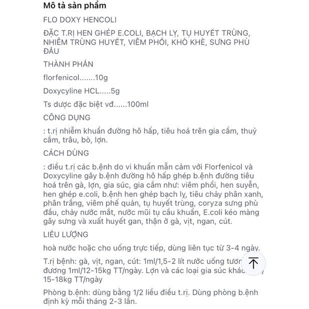 Flodoxy hencoli khò khè, hen khẹt, sổ mũi, viêm phổi cho gà đá