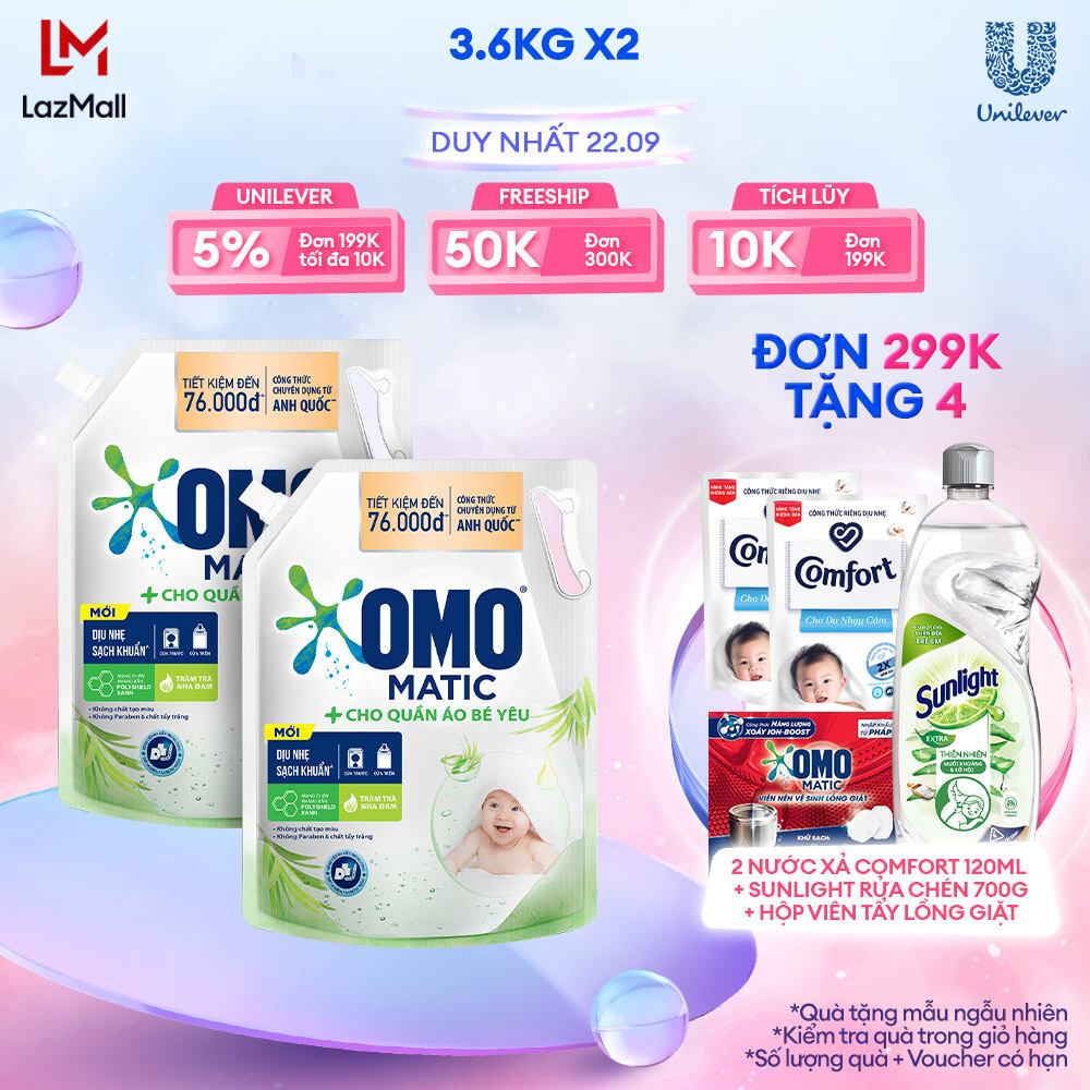 Combo 2 Túi Nước Giặt Omo Matic Baby Cho Quần Áo Bé Yêu 3.6kg/túi