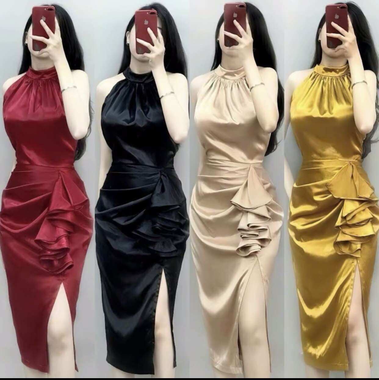 Đầm body cổ yếm xẻ tà phối bèo chất phi lụa sang chảnh