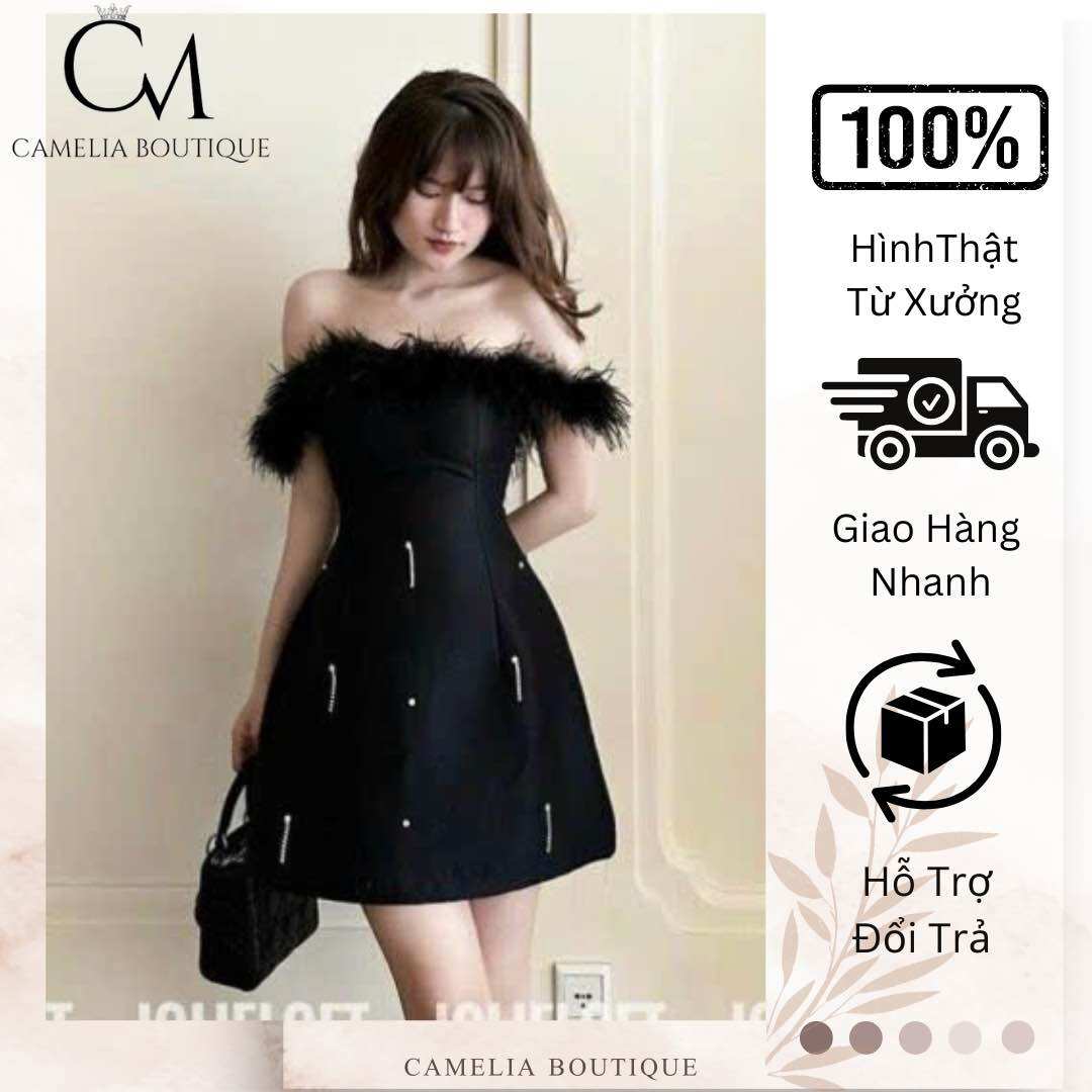 Camelia boutique- đầm lông vũ trễ vai đính đá ktcs20đsm
