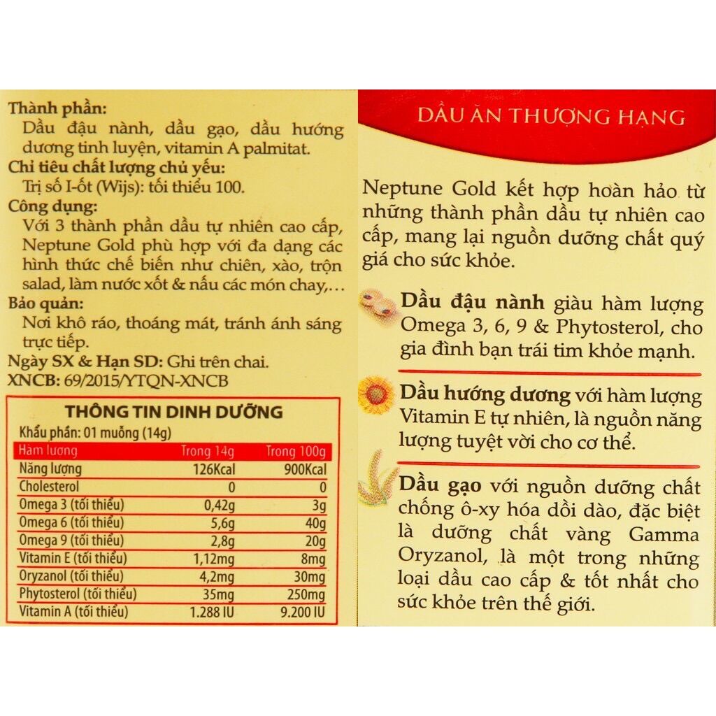 CB 2 CHAI Dầu ăn thượng hạng Neptune Light chai 1 lít