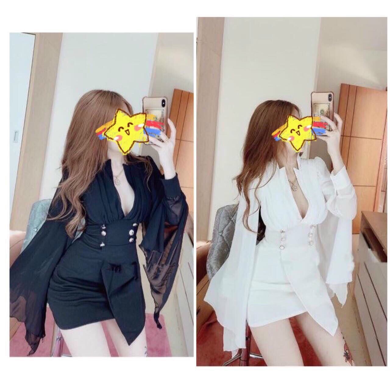 Đầm Ôm Cổ Hở Tay Phối Voan