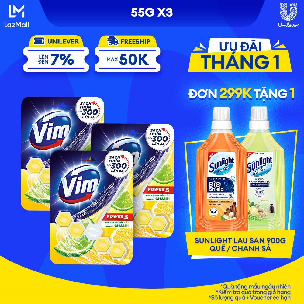 Combo 3 Viên treo bồn cầu VIM Power 5 Hương Chanh 55G x 3