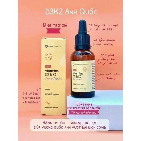 Vitamin D3 & K2 MK7 cho bé Nutrivitality Anh D3K2 D3 K2 D3&K2