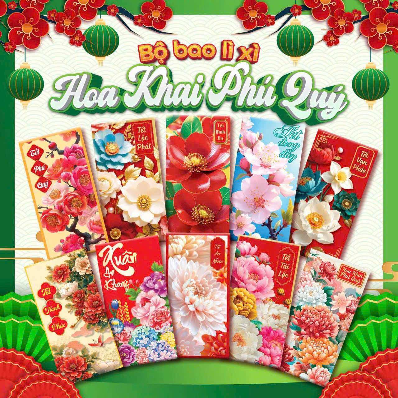  Bộ Lì Xì Hoa Lá Tết 100 &50 Cái Bao lì xì hoa khai phú quý sang trọng 