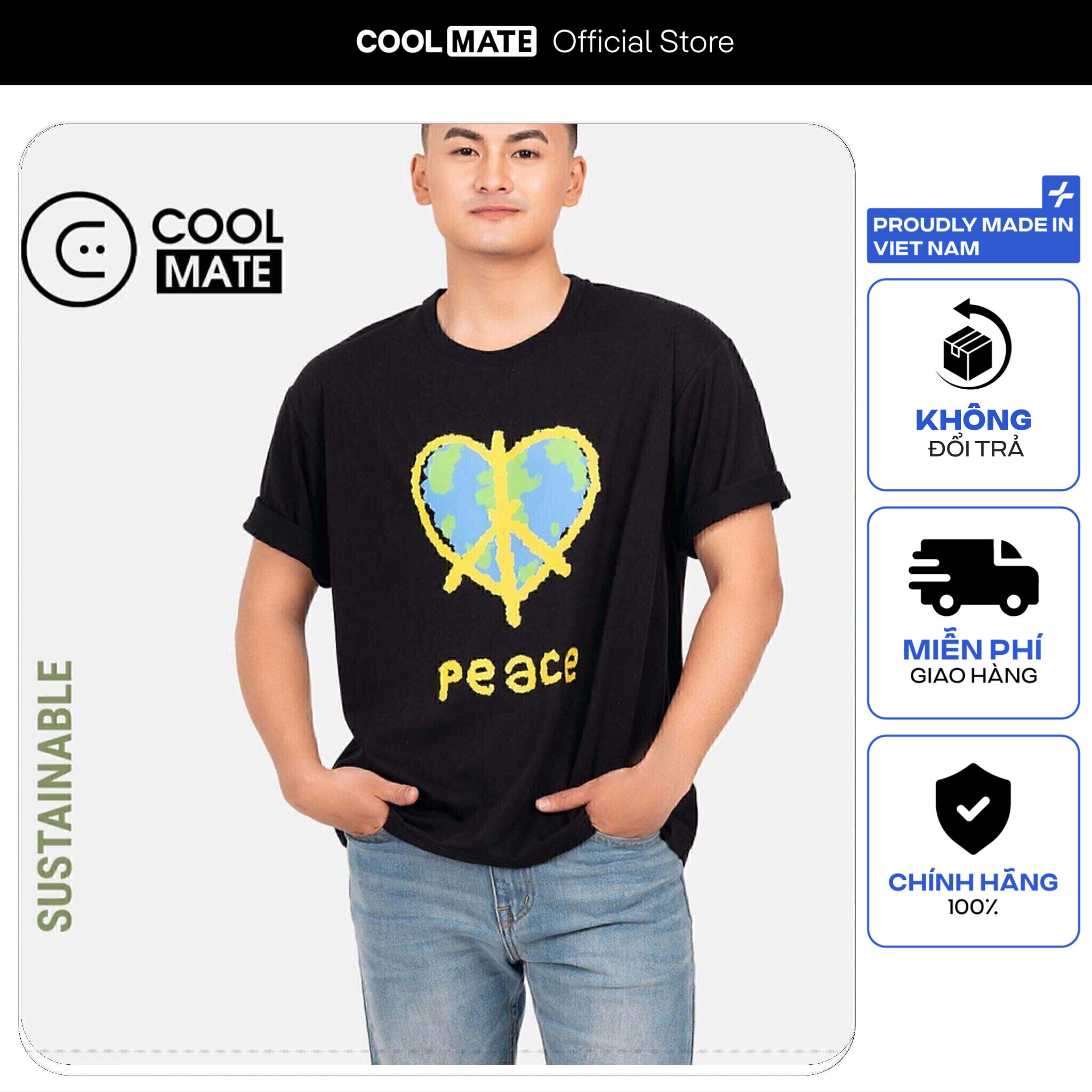 [CHỈ 9-13.5 TẶNG QUÀ ĐƠN TỪ 349K]Áo thun in Peace CLEAN VIETNAM - màu Đen - thương hiệu Coolate