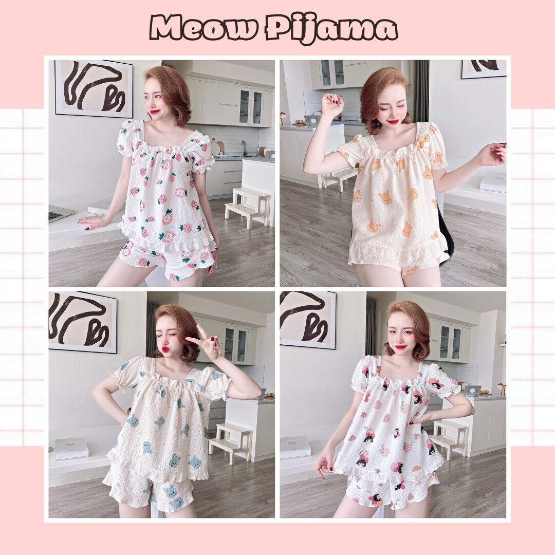 Đồ bộ mặc nhà, bộ ngủ nữ pijama đũi xốp quảng châu phối ren freesize <65kg