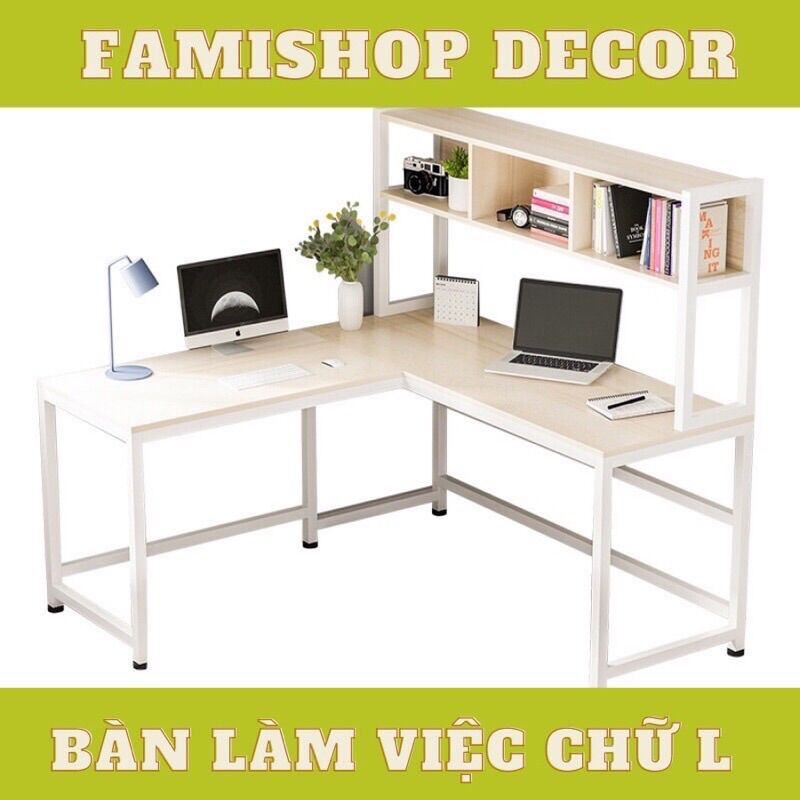Bàn làm việc, bàn học chữ L, chân sắt kèm kệ sách đa năng